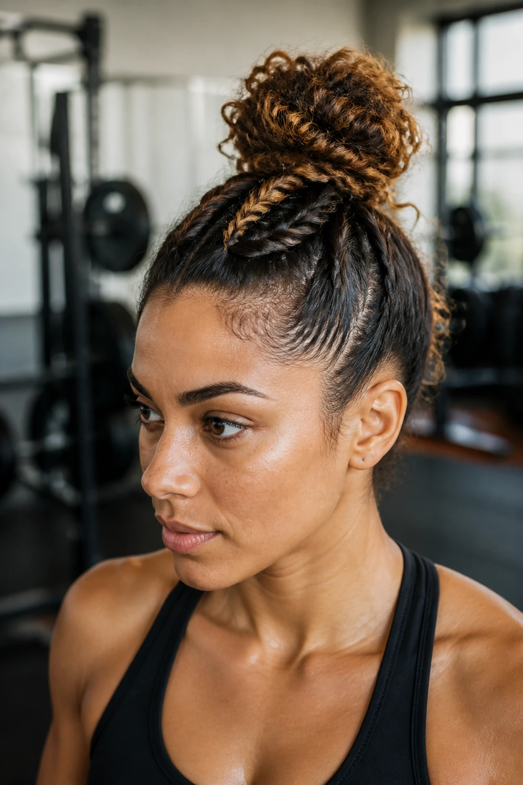 Close-up of real woman with inverted braid transitioning into a top knot bun.