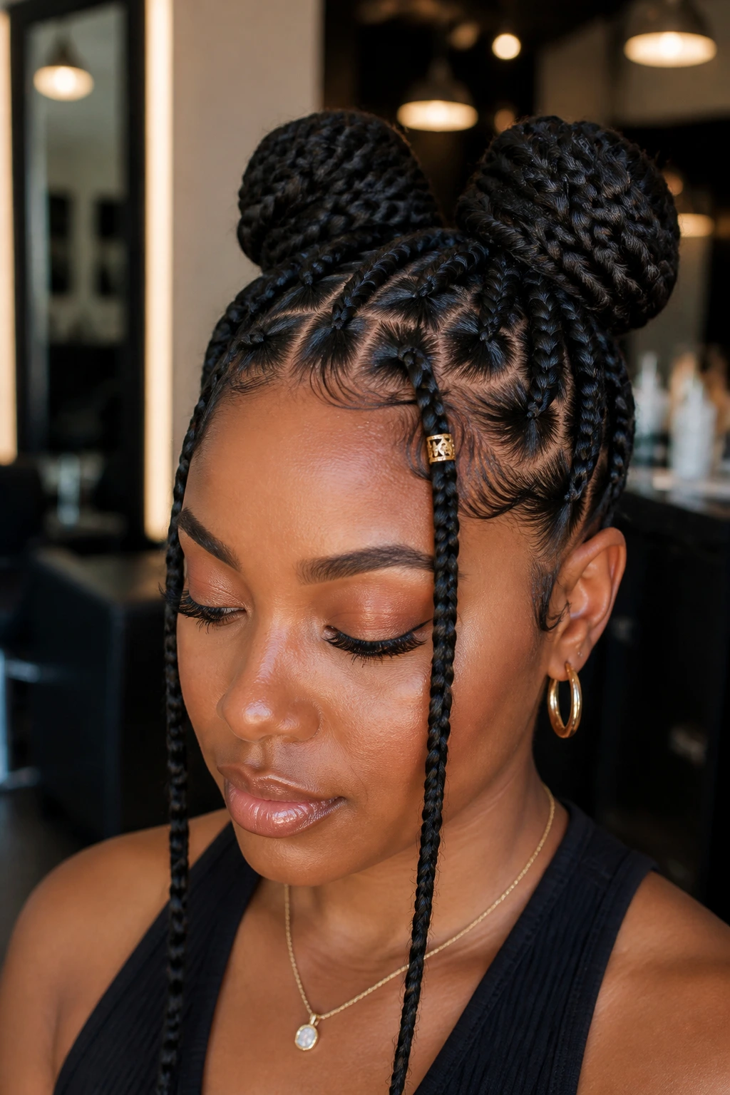 Close-up of a real woman with braided buns and metallic rings