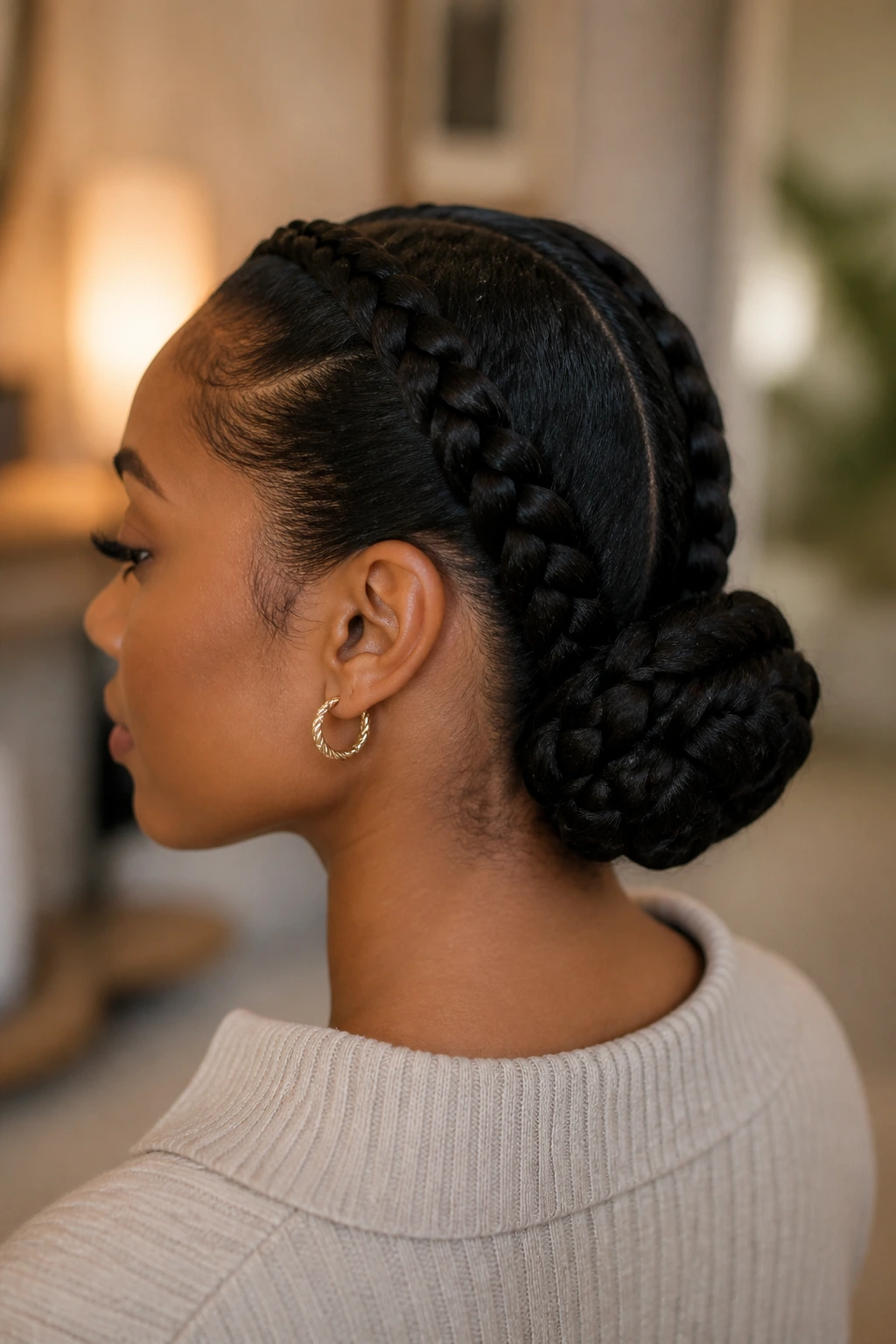 Close-up of a woman with a braided chignon at the nape