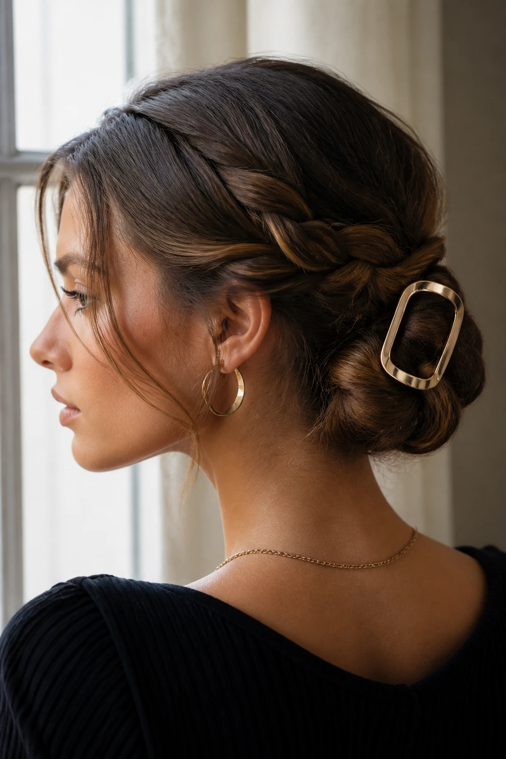Profile view of a braided chignon secured with a metal clip.