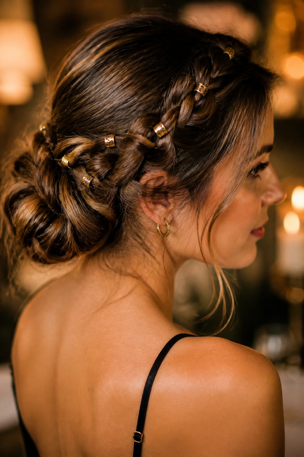 Close-up of a woman with a braided chignon adorned with hair jewelry
