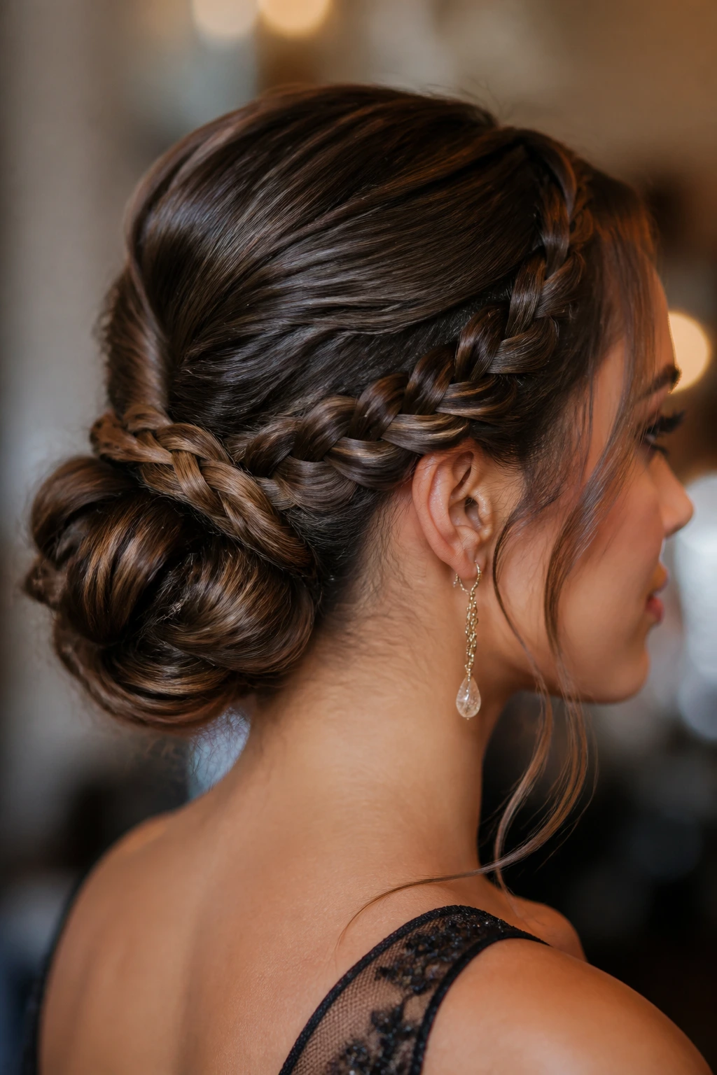 Real woman with braided chignon for cocktail-ready look