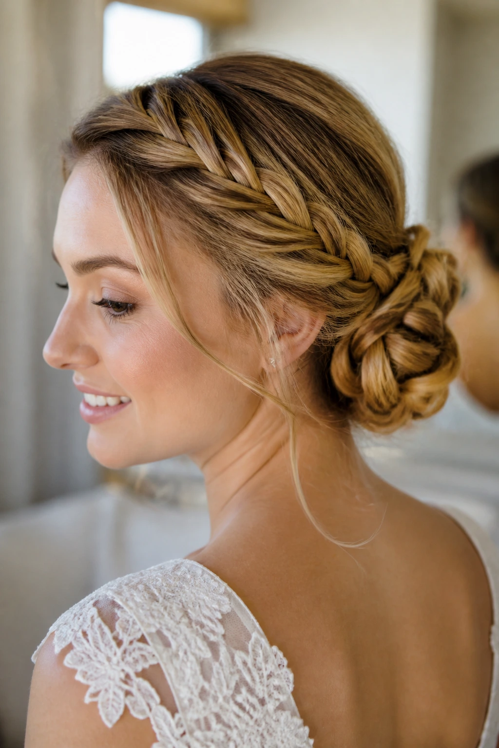 Side three-quarter portrait of a woman with front braids into a low braided chignon