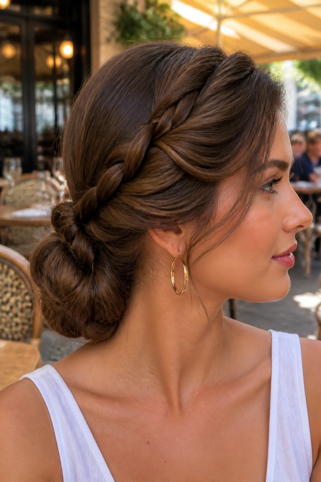 Close-up of a woman with a braided chignon and side-swept hair.