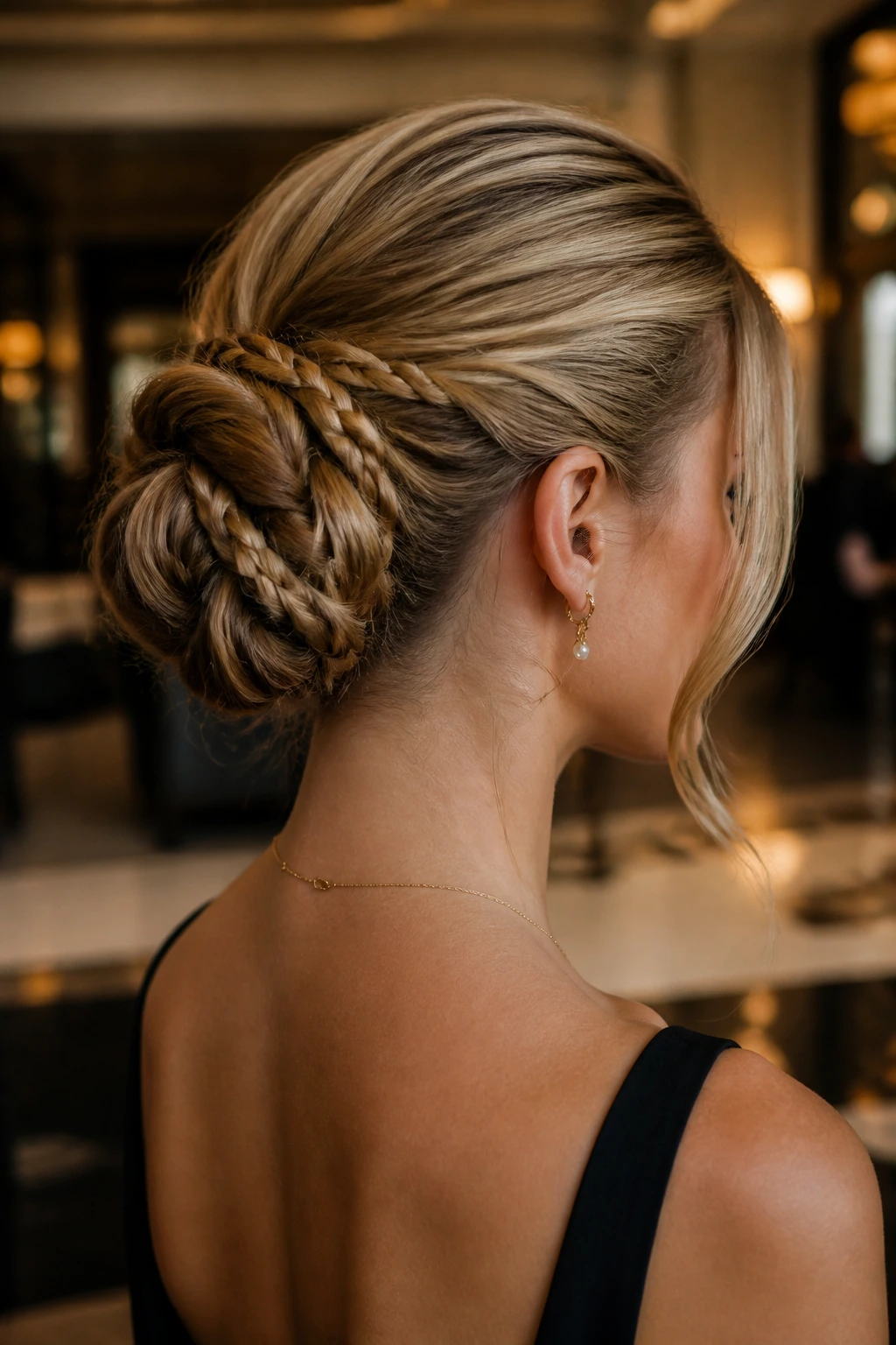 Portrait of a woman with a braided chignon hairstyle