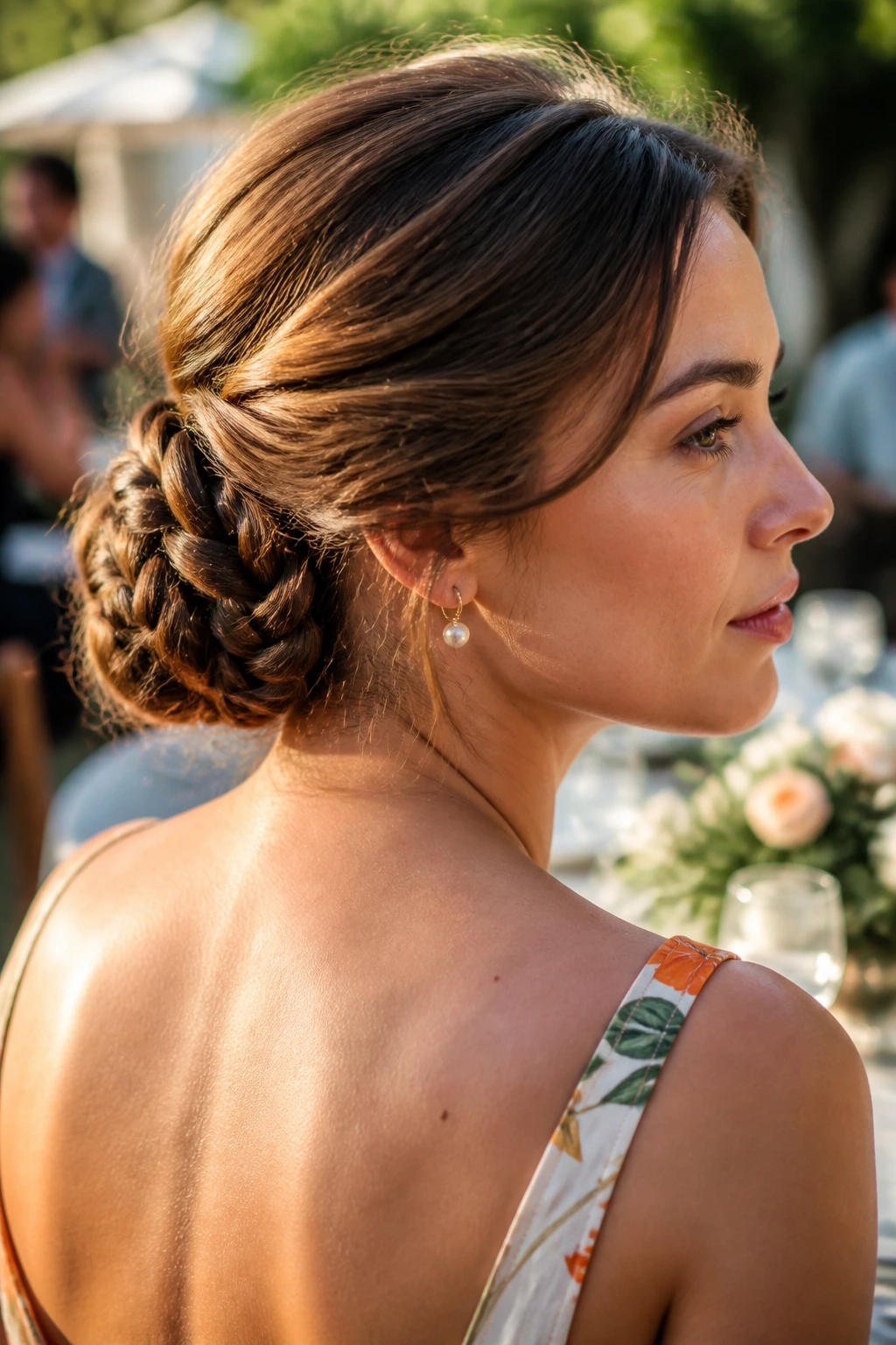 Close-up of a real woman wearing a braided low chignon