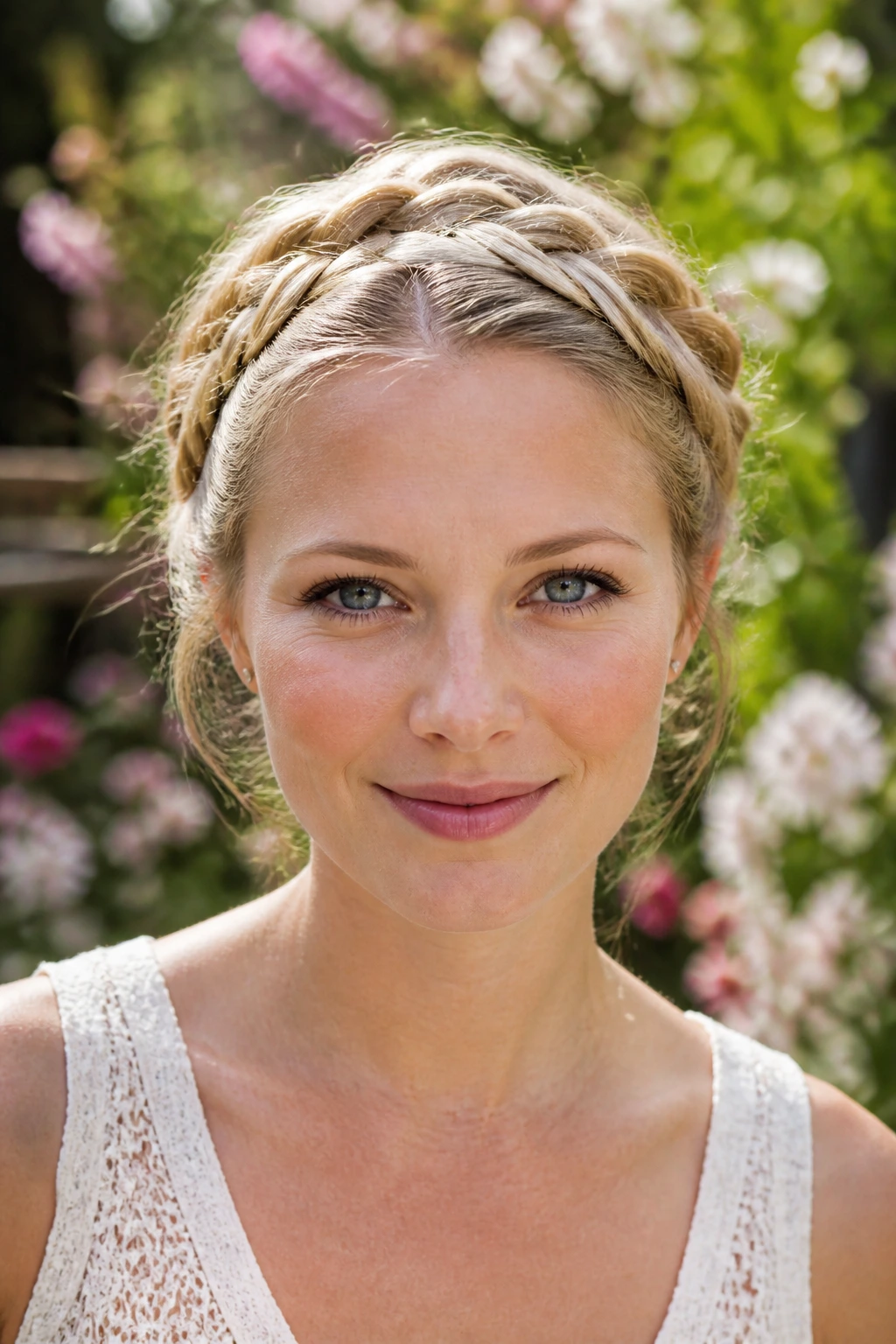 Front-facing portrait of a real woman with a braided crown