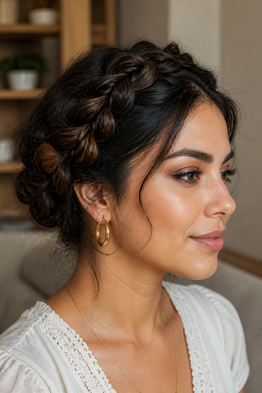Real woman with a loose Dutch braid forming a crown around her head.