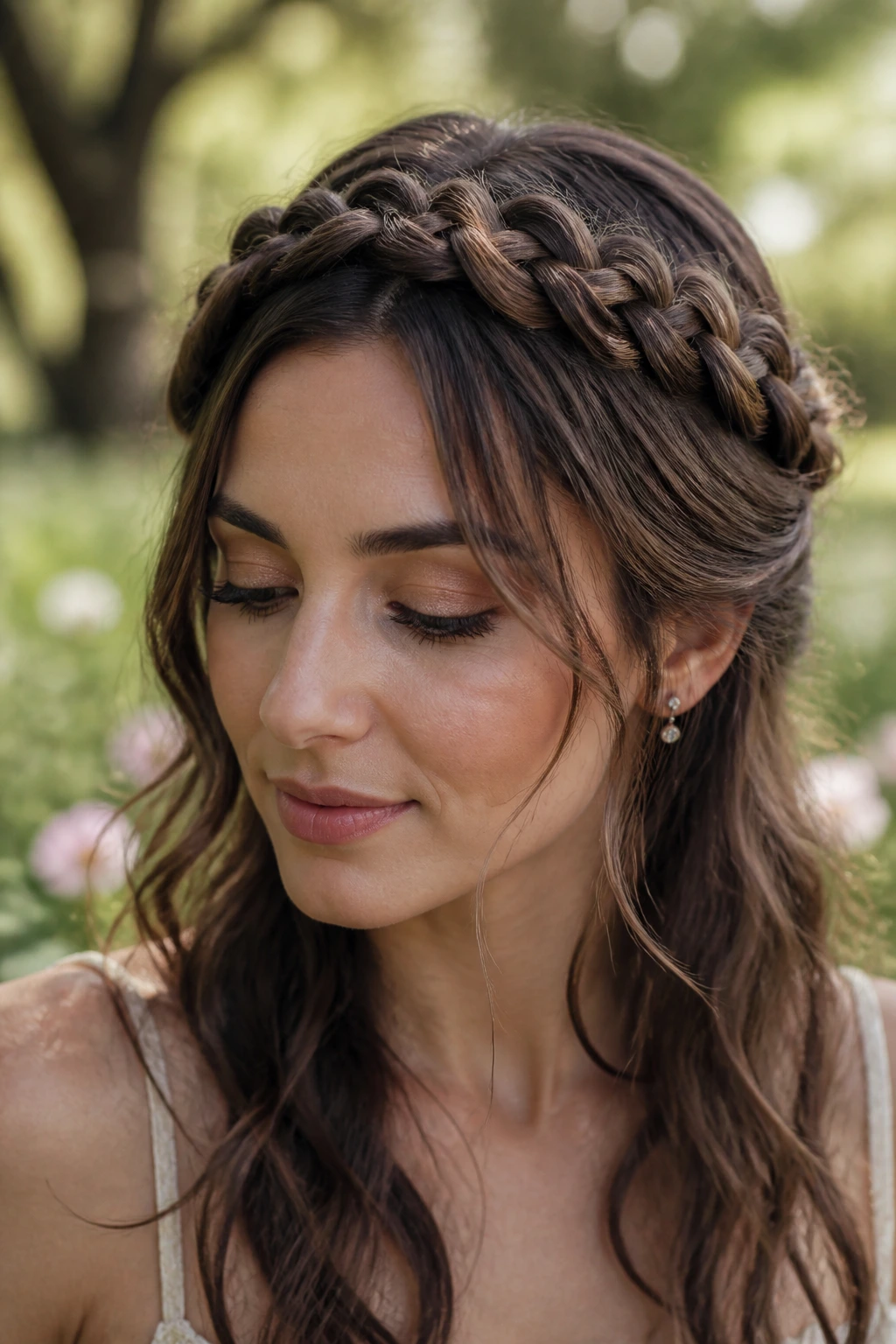 Close-up of a real woman with a braided crown in chocolate brown hair outdoors