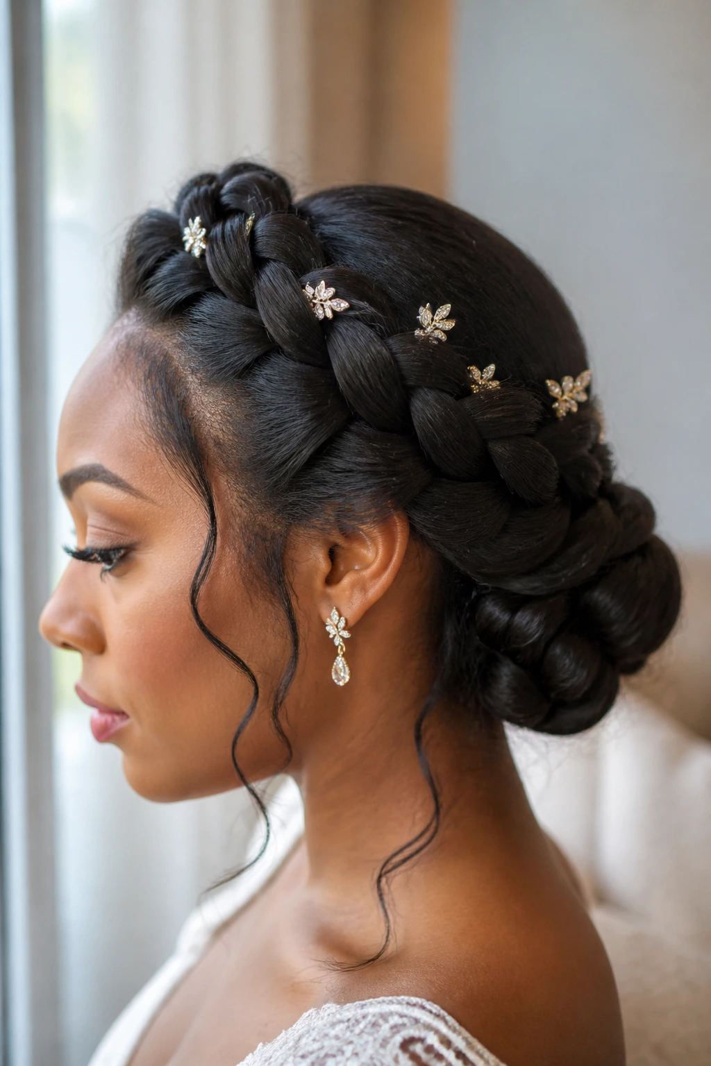 Close-up of braided crown with a low chignon on a real woman