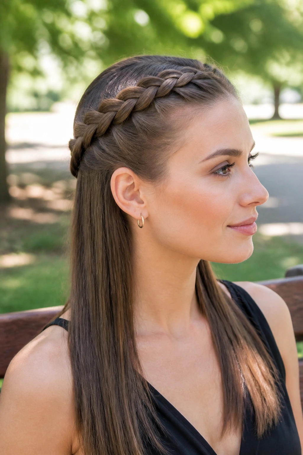 Close-up of a real woman with a braided crown and sleek ends