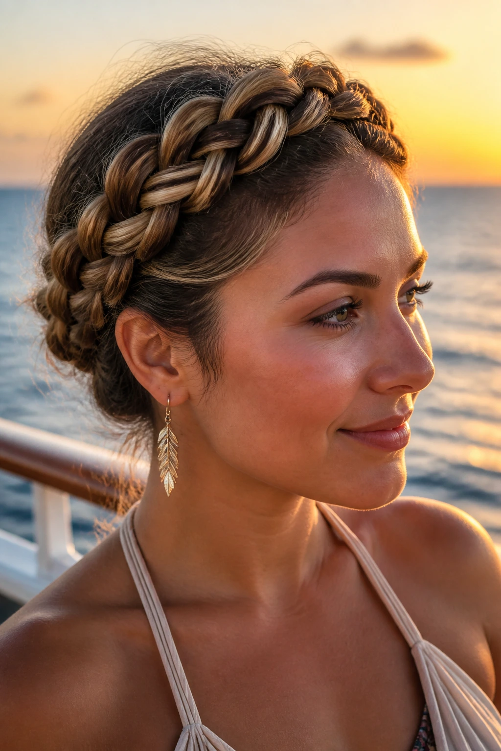Close-up of a woman with a crown braid on a cruise deck at dusk.