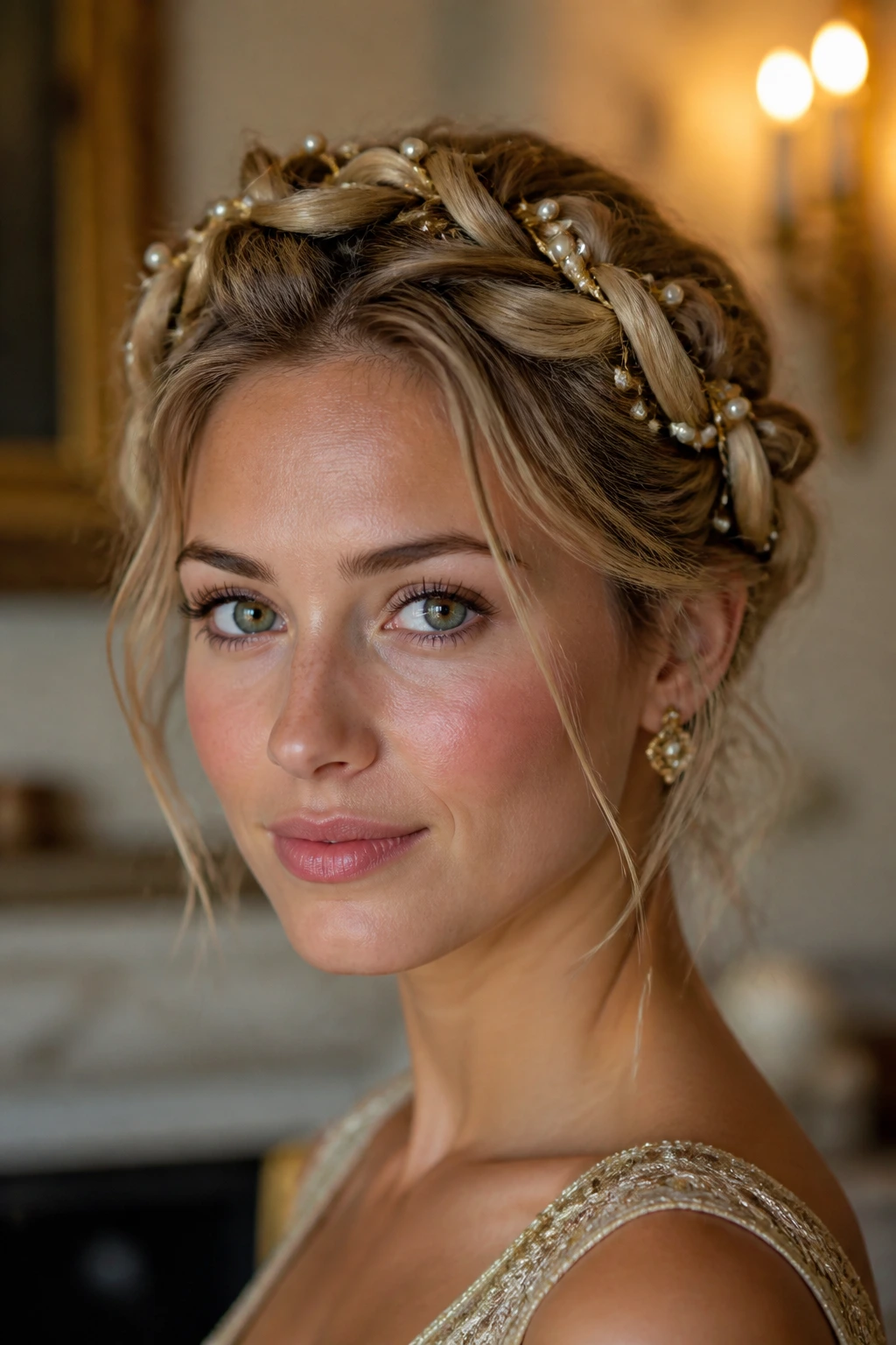 Close-up portrait of a real woman with an embellished braided crown woven with pearls.