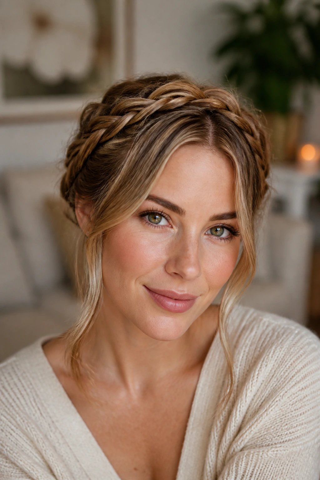 Close-up of a real woman wearing a braided crown with face-framing pieces