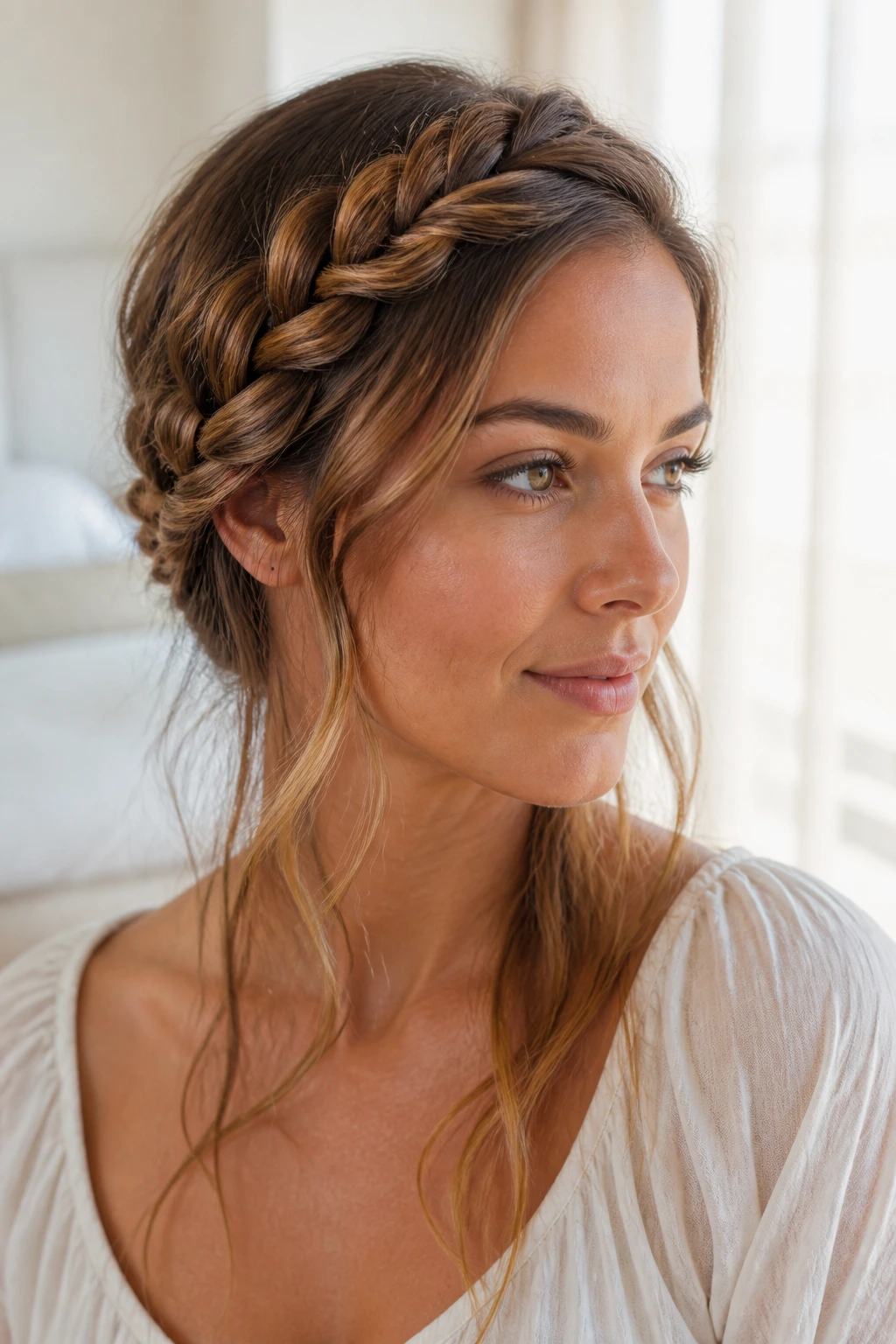 Close-up of a real woman with a side-swept braided crown along the hairline