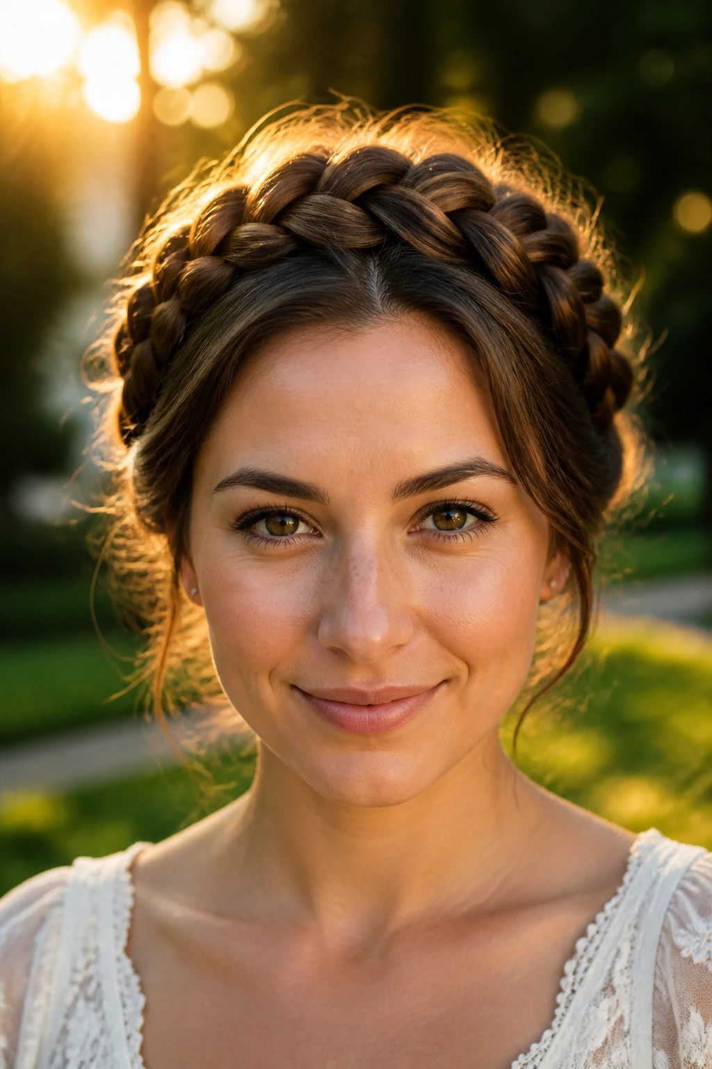 Front-facing portrait of a woman wearing a braided crown in a sunlit park