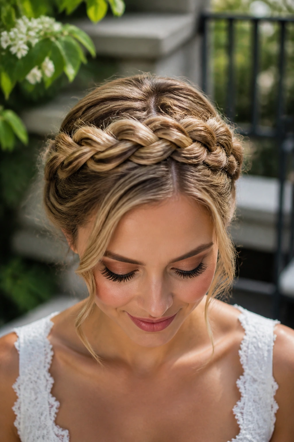 Close-up of a real woman wearing a braided crown in a garden setting