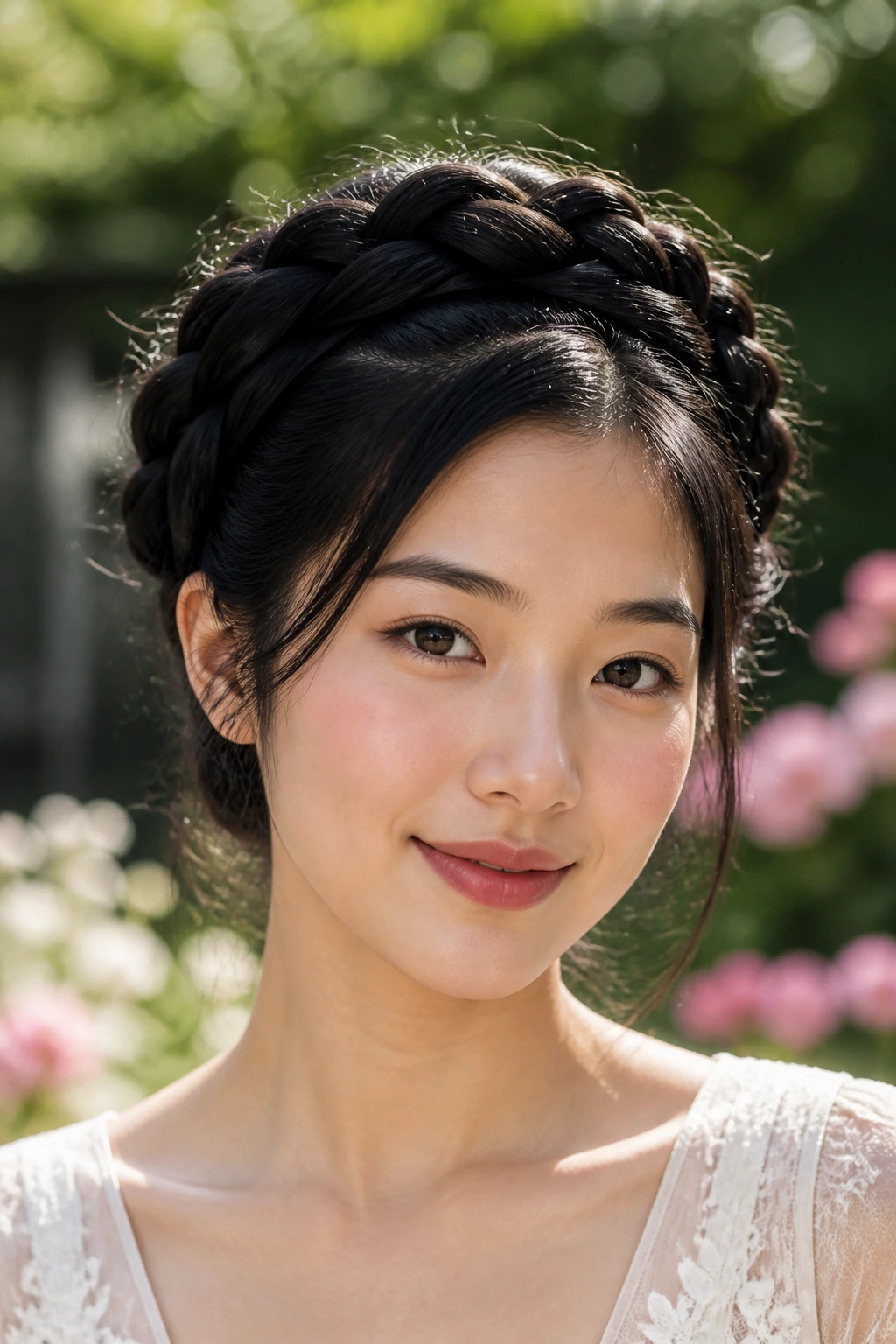 Close-up portrait of a real person wearing a two-braid braided crown on jet-black hair