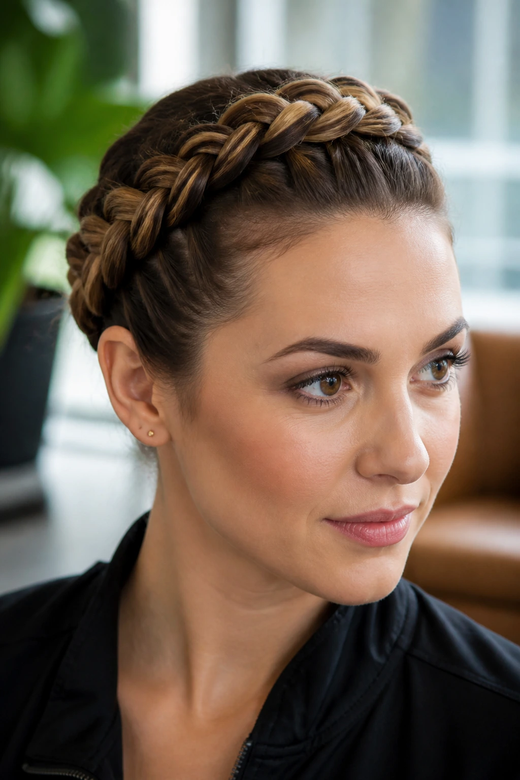Close-up of a woman wearing a braided crown in an office setting