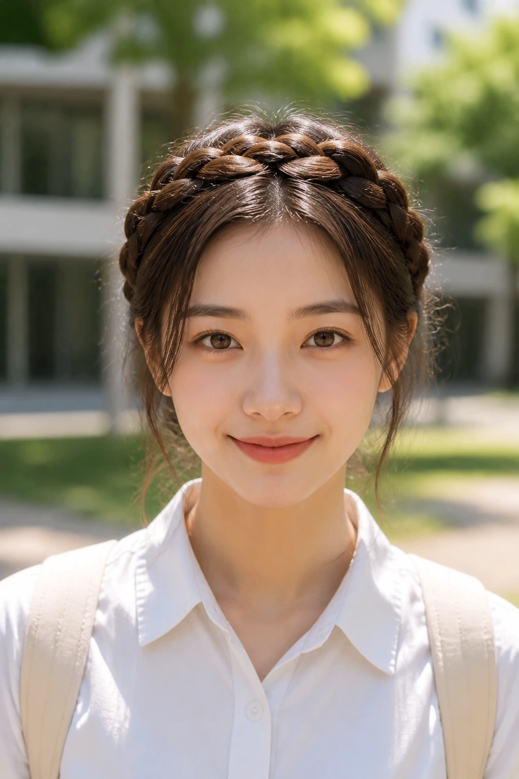 Front portrait of a person wearing a braided crown in daylight.