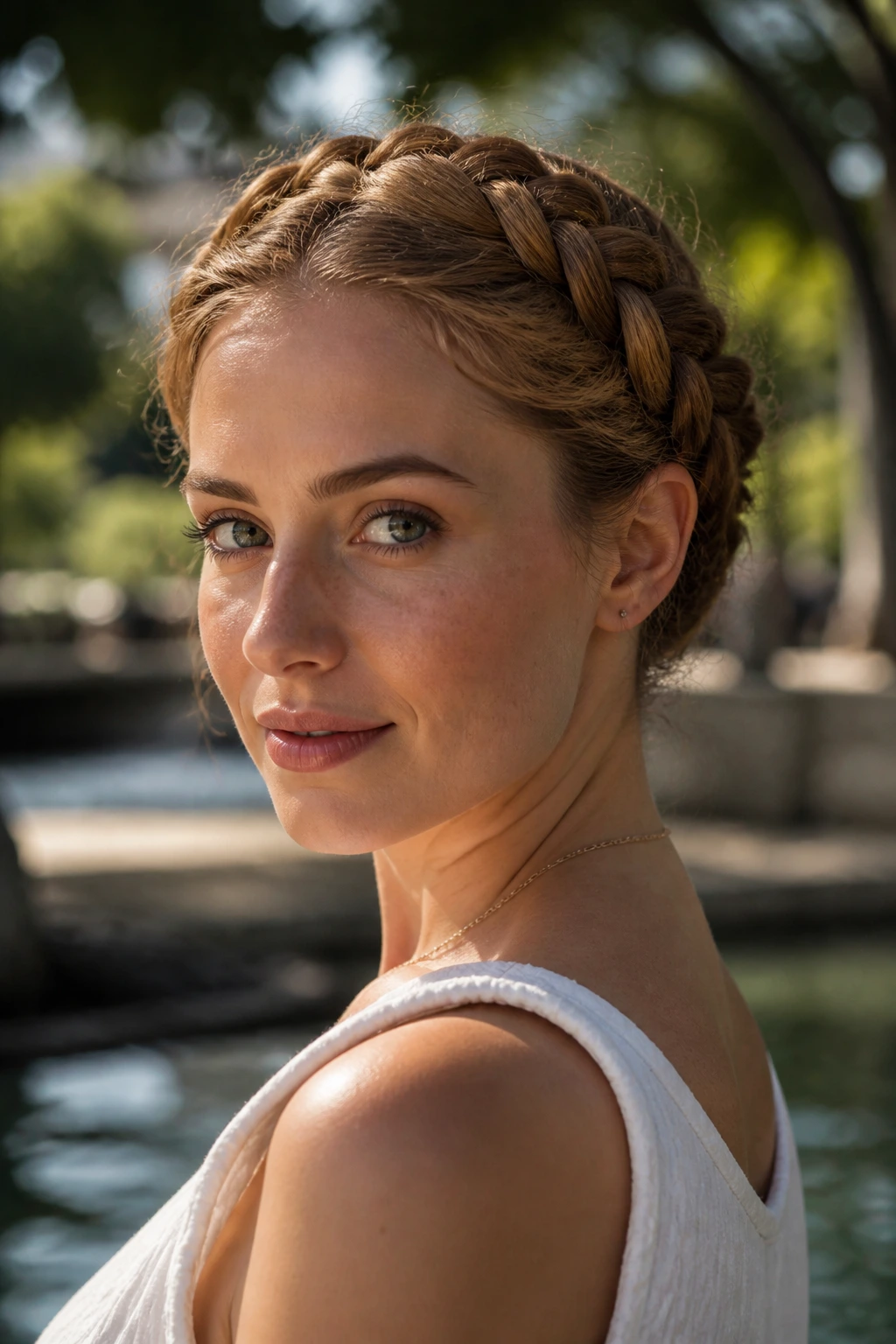 Close-up of a woman wearing a braided crown outdoors