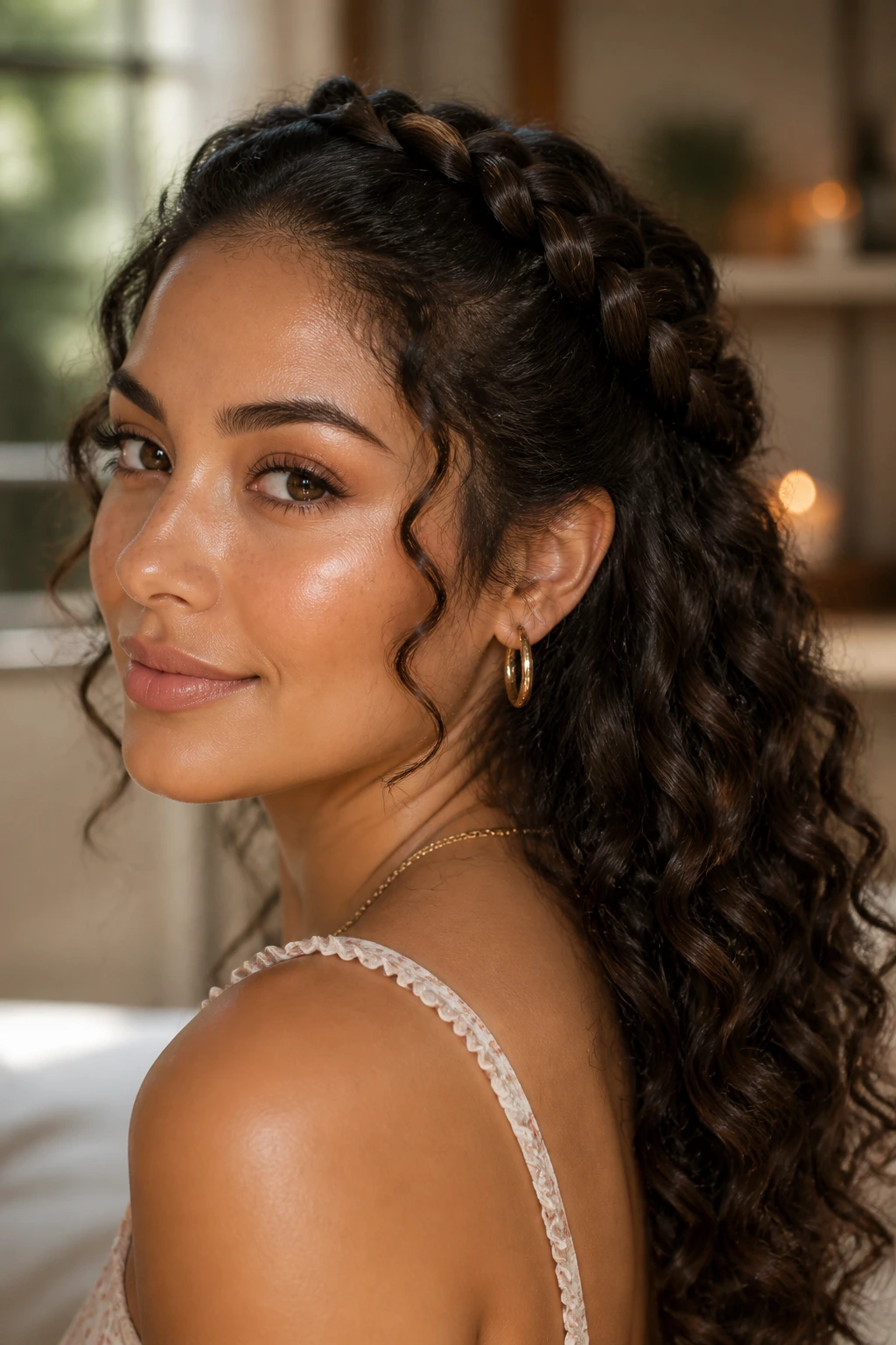 Close-up of a Latina woman with a braided crown half-up hairstyle