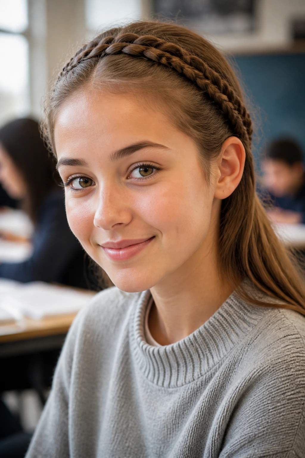 Close-up of a real person with a double braided crown headband in a classroom