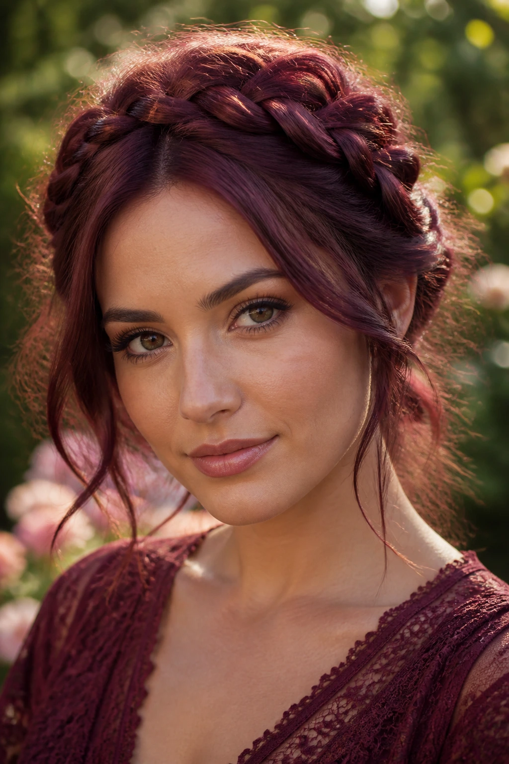 Close-up of a real woman with a maroon braided crown