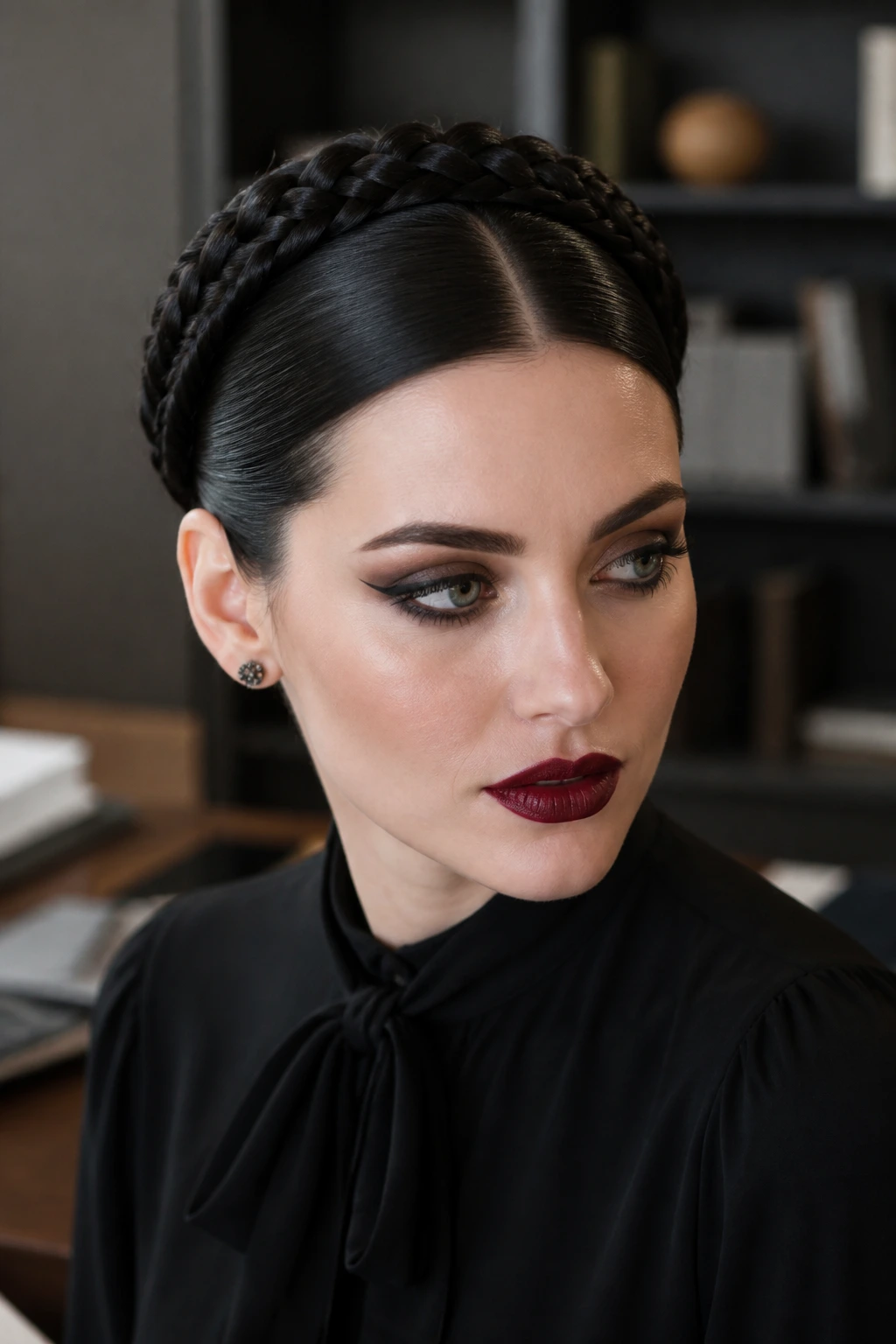 Close-up of a real person wearing an architectural braided crown in an office setting