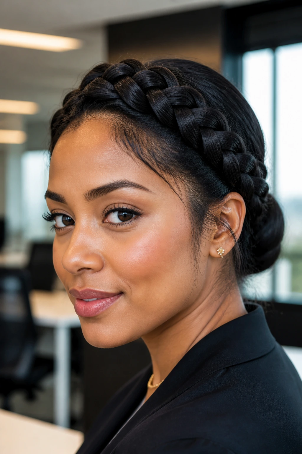 Close-up of a real woman wearing a soft braided crown swept into a low bun in an office