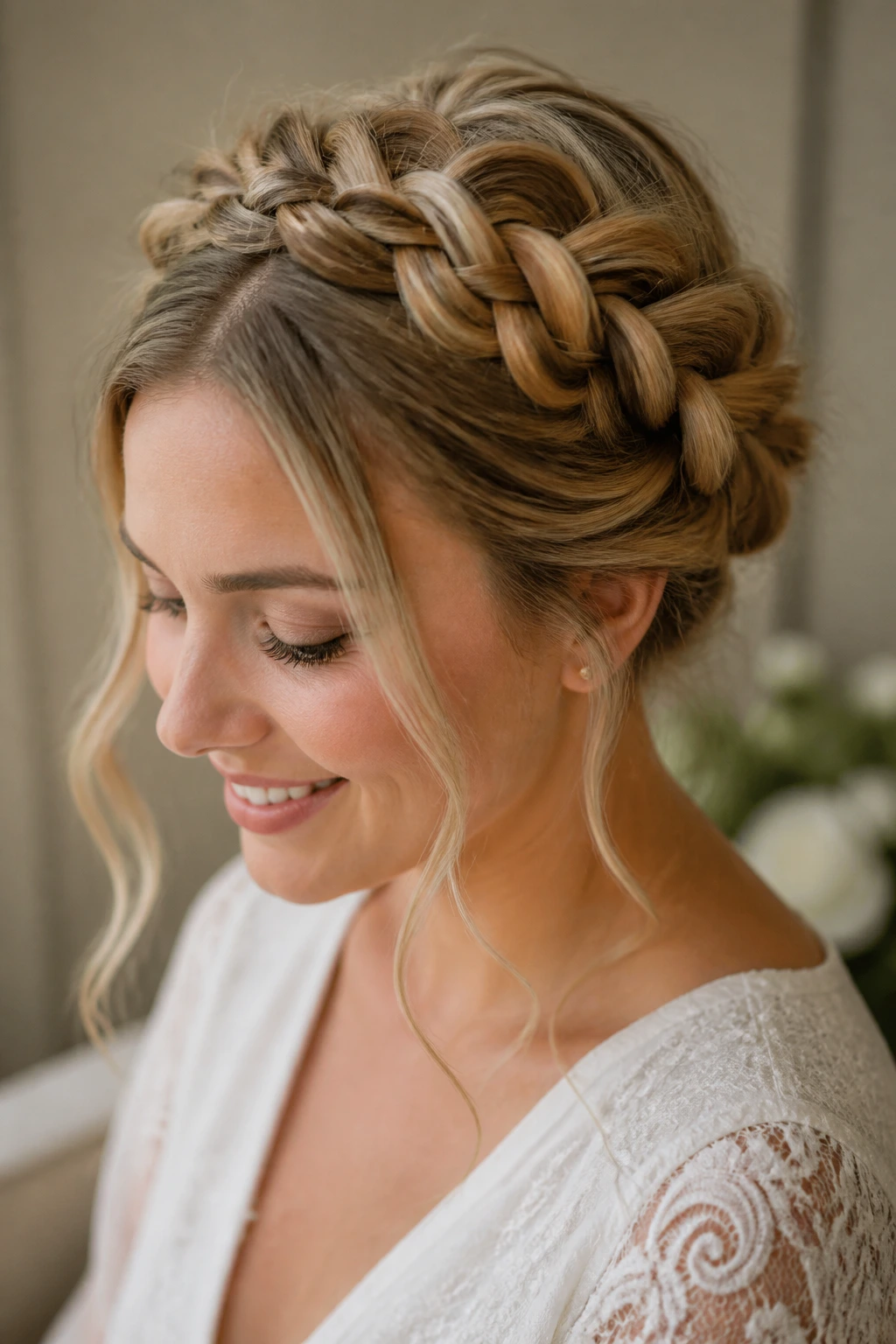 Close-up portrait of woman with braided crown and pulled-apart strands