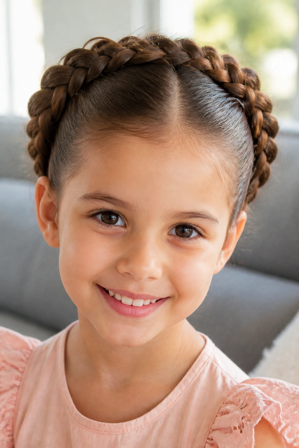 Close-up of a child wearing a braided crown using two braids looped into a bun