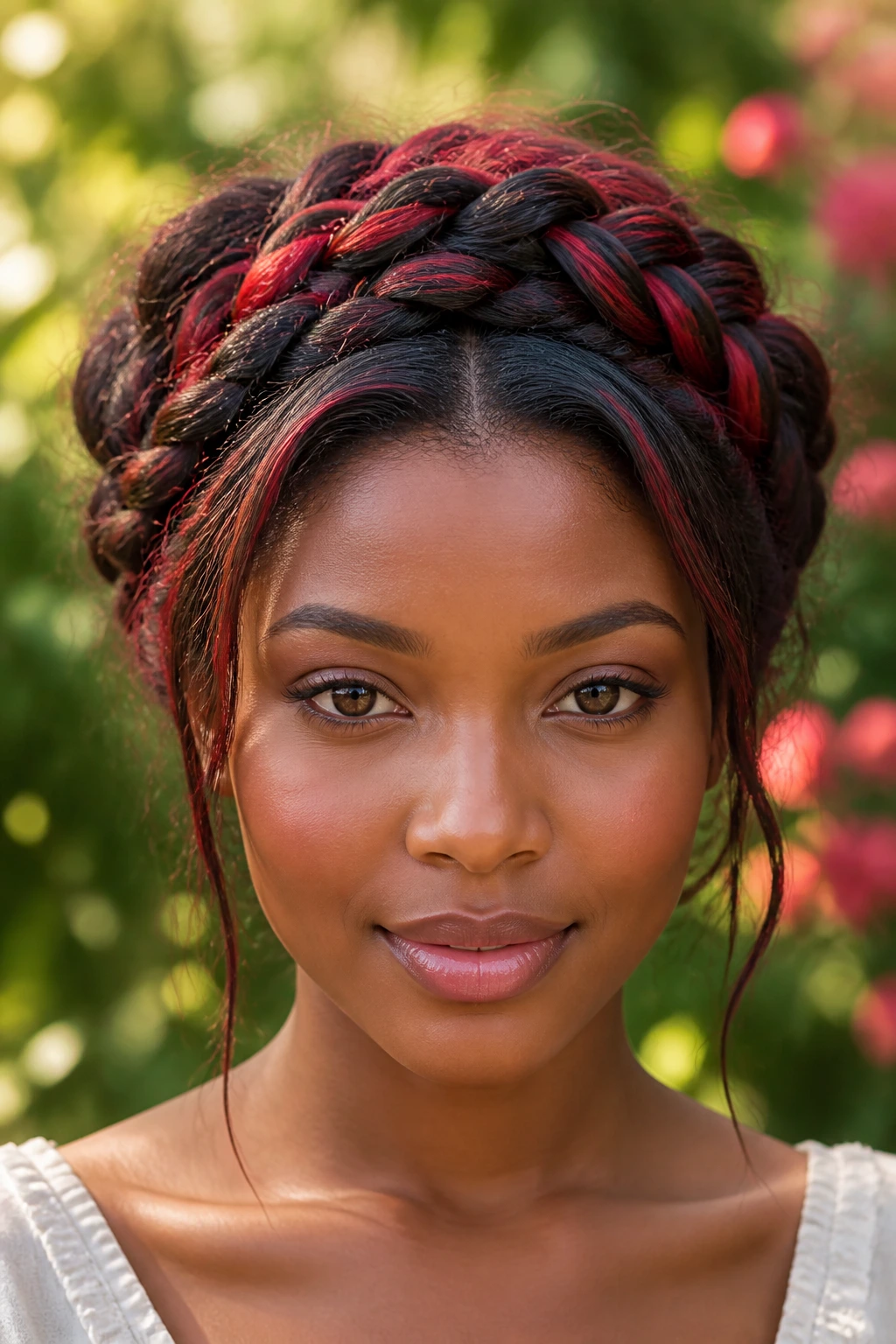 Portrait of a woman wearing a braided crown with red and black hair