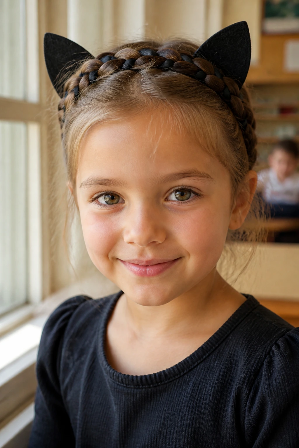 Close-up of child with braided crown and cat-ear accents.