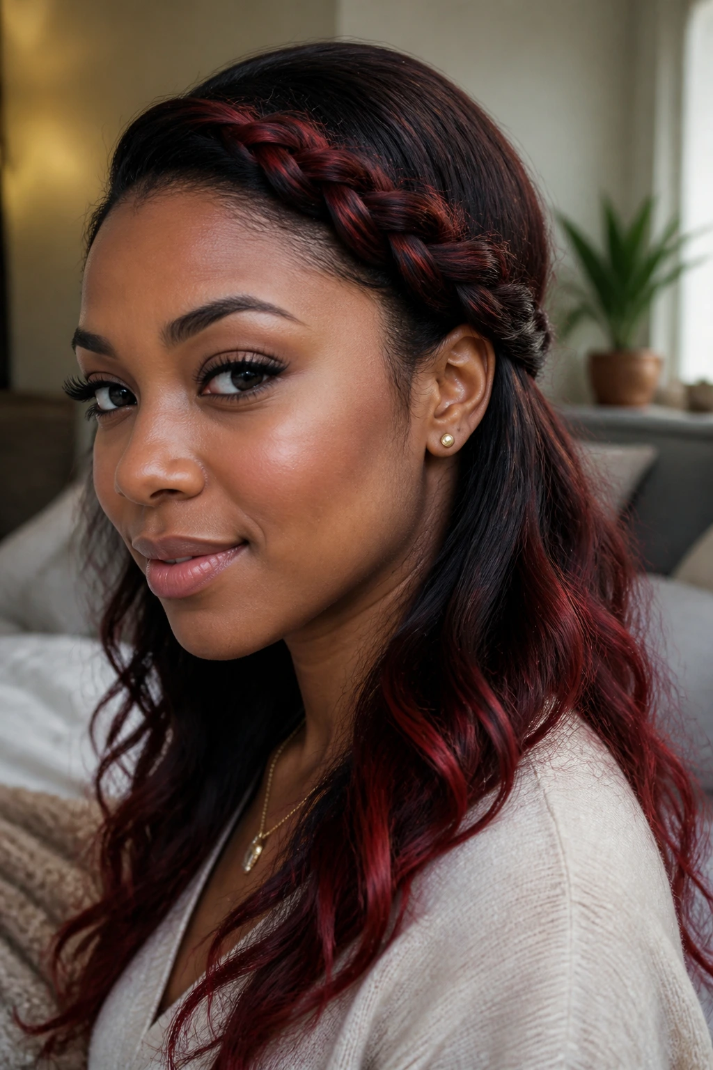 Close-up of a real woman wearing a side-swept braided crown with red tips