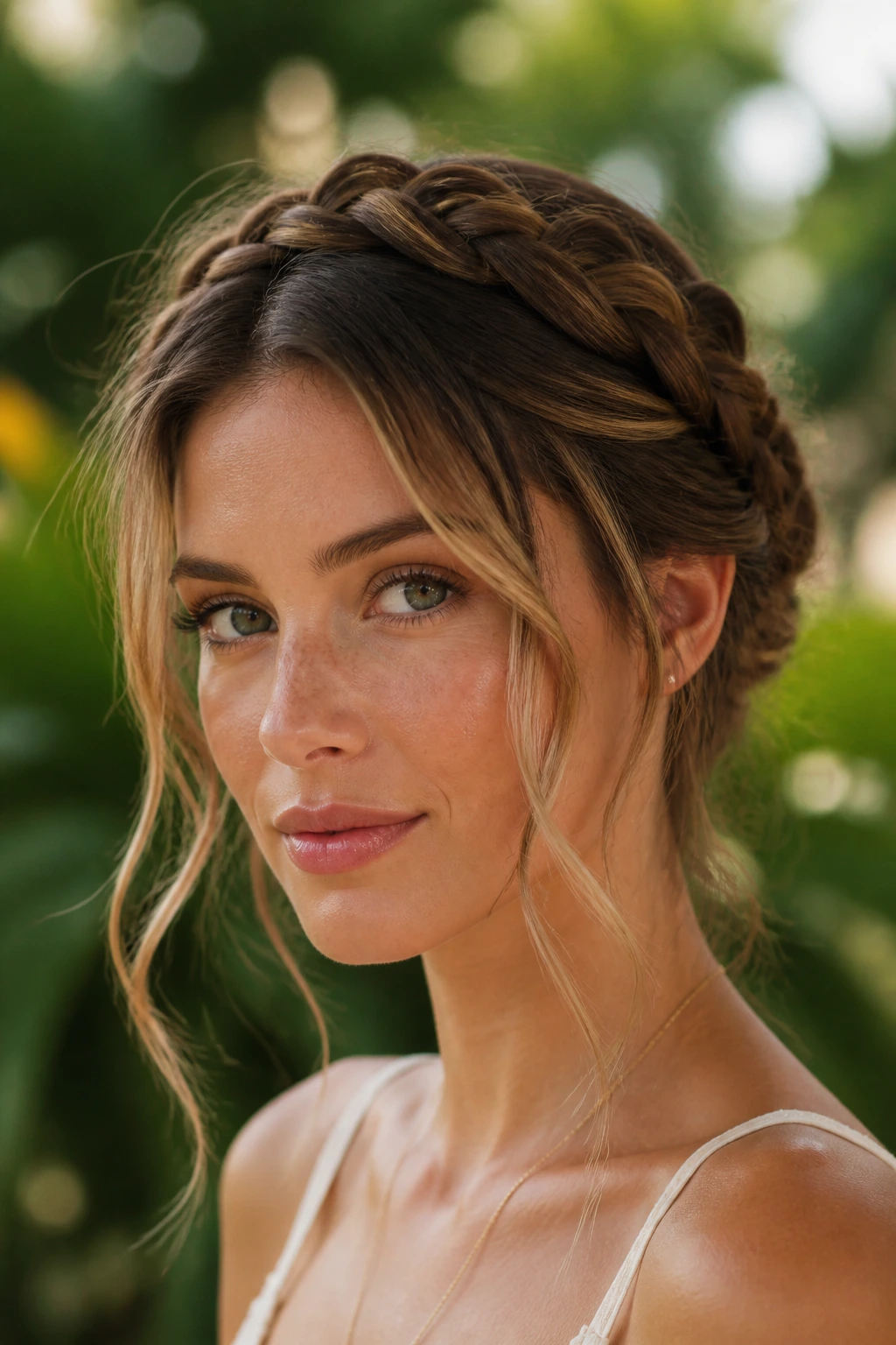 Close-up of a real woman with halo braids and face-framing tendrils outdoors