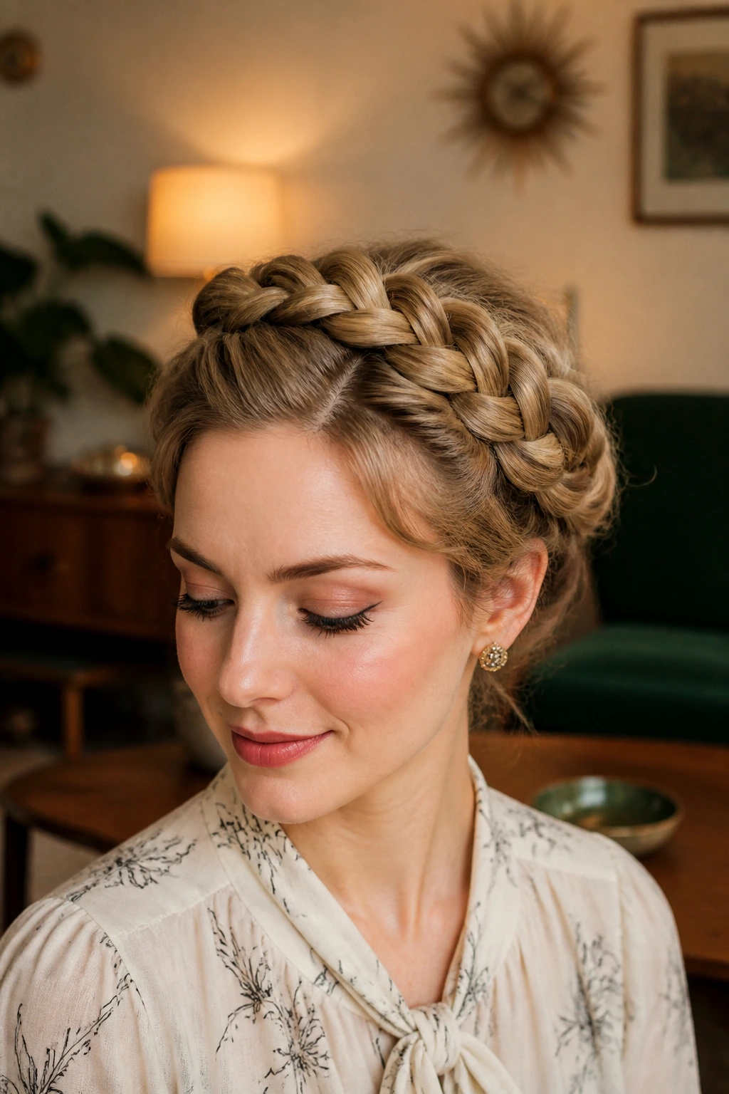 Close-up of a real woman wearing a retro braided crown in a mid-century room