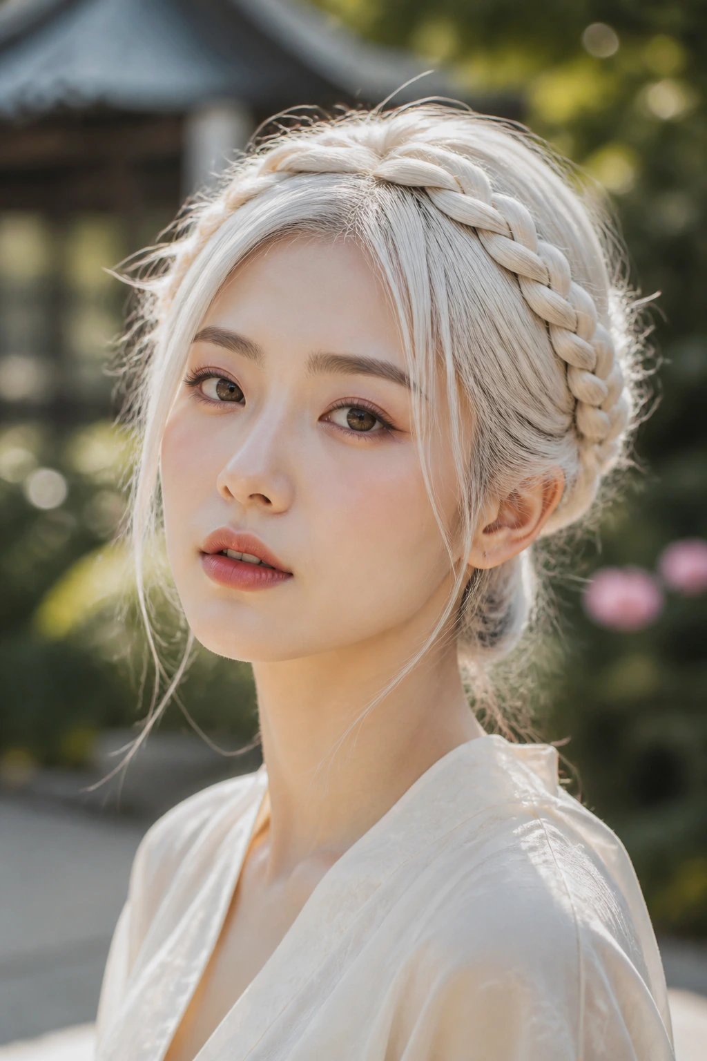 Portrait of a real woman with a braided crown in white hair in a garden setting