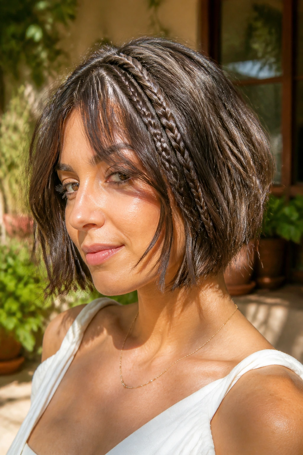 Portrait of a woman with braided detail in the curtain bangs of an angled bob.