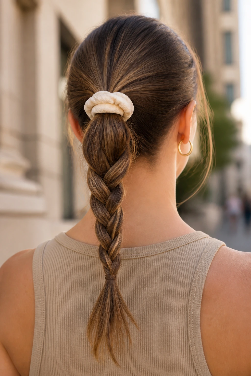Back view of a ponytail with braided ends and two inches unbraided on a real woman.