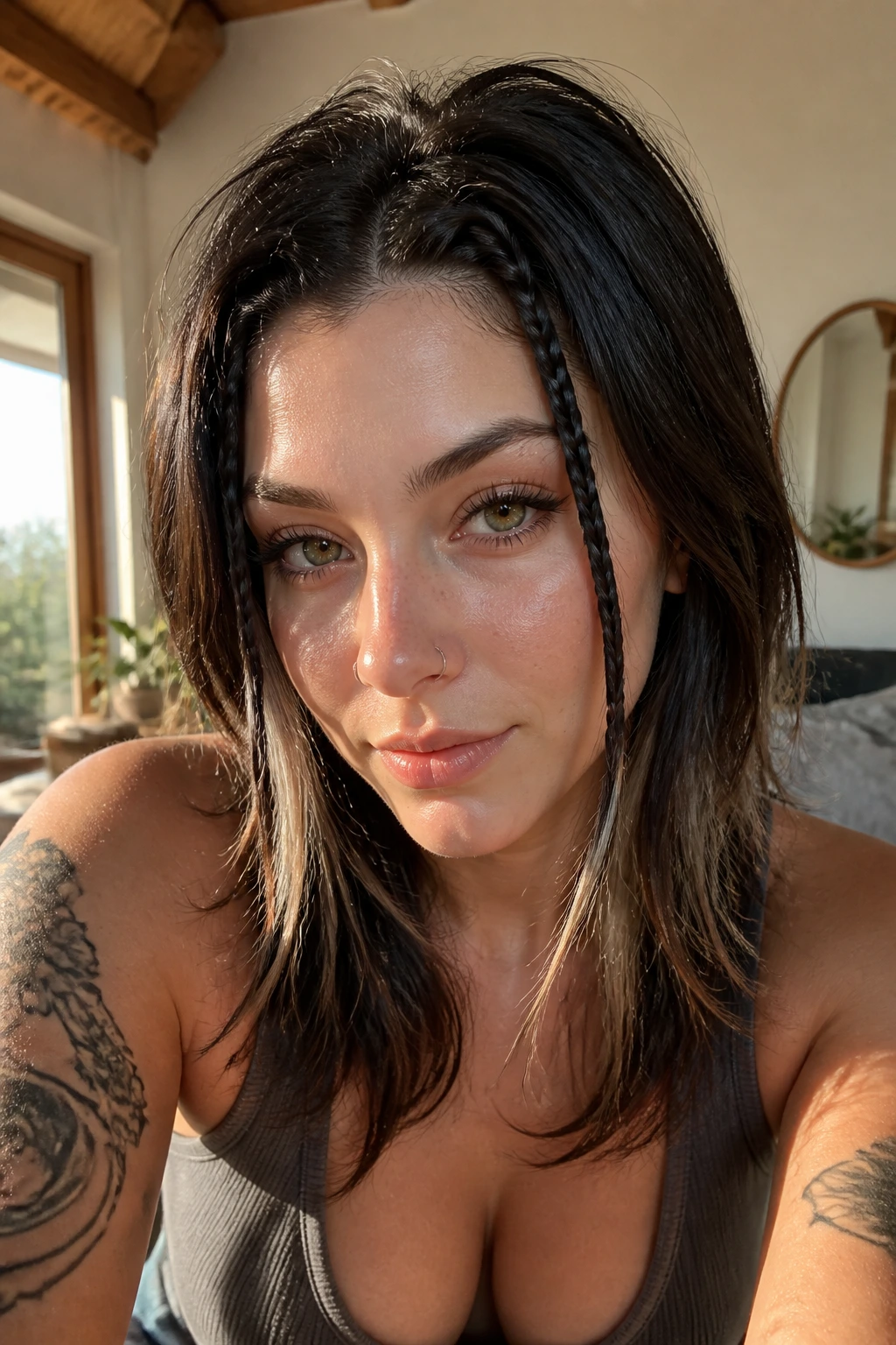 Close-up of a real woman's face with braided face-framing sections