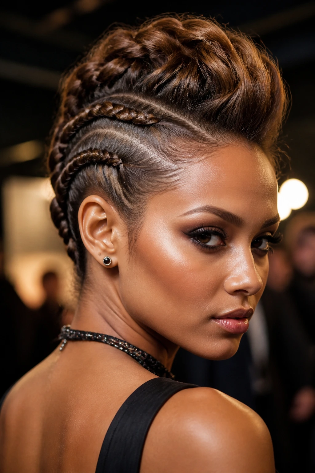 Close-up of a real person with a braided faux hawk under moody lighting