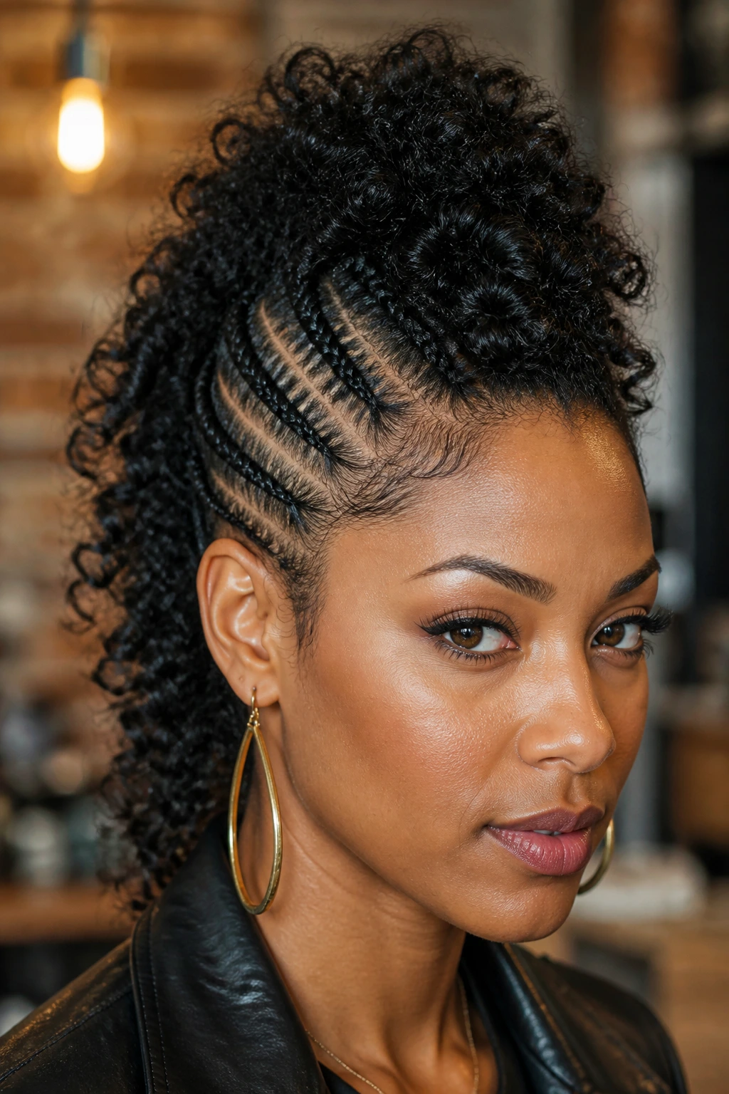 Close-up of a real person with braided faux-hawk and voluminous top