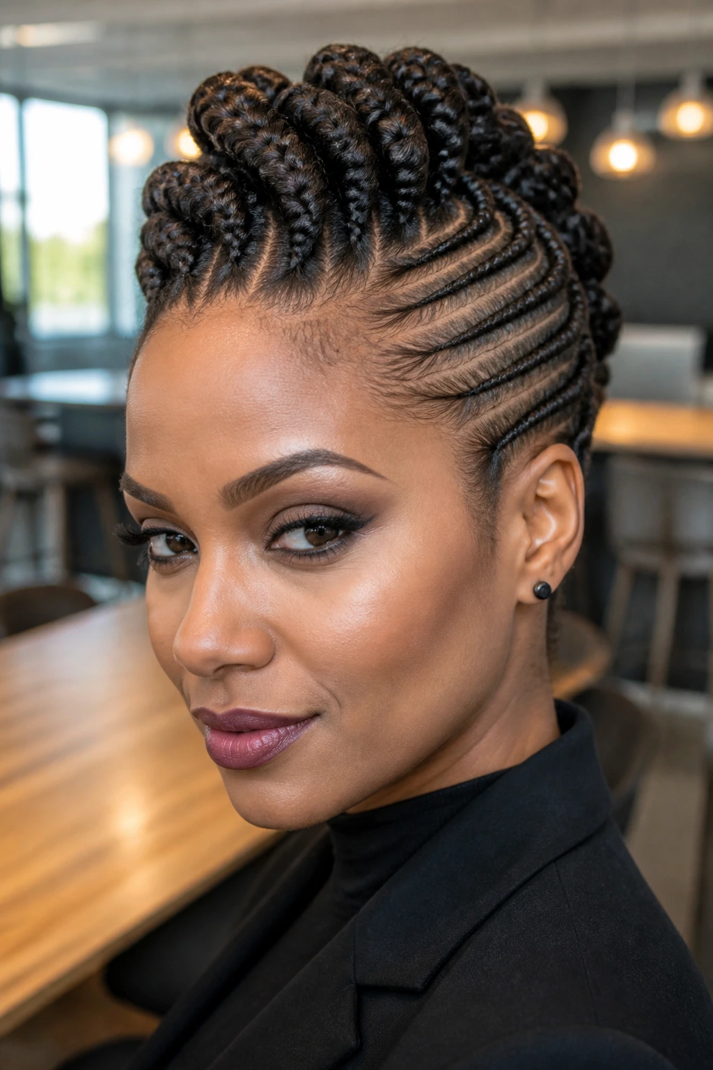Portrait of a woman with a braided faux hawk hairstyle