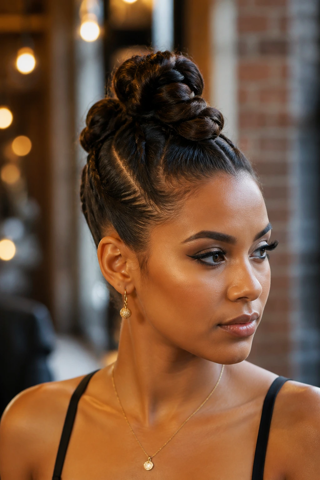Close-up of a real woman with a braided faux hawk updo