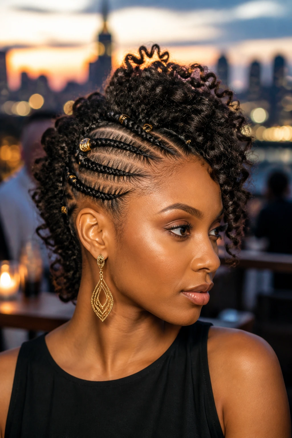 Real person with braided faux-mohawk and decorative beads against a dusk rooftop setting