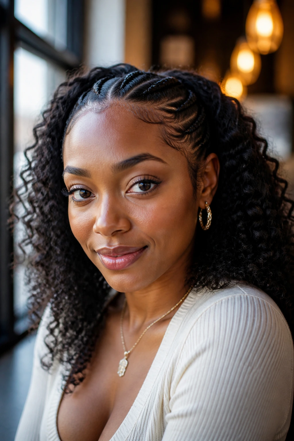 Braided front accent with cornrows and flowing curls on a real person