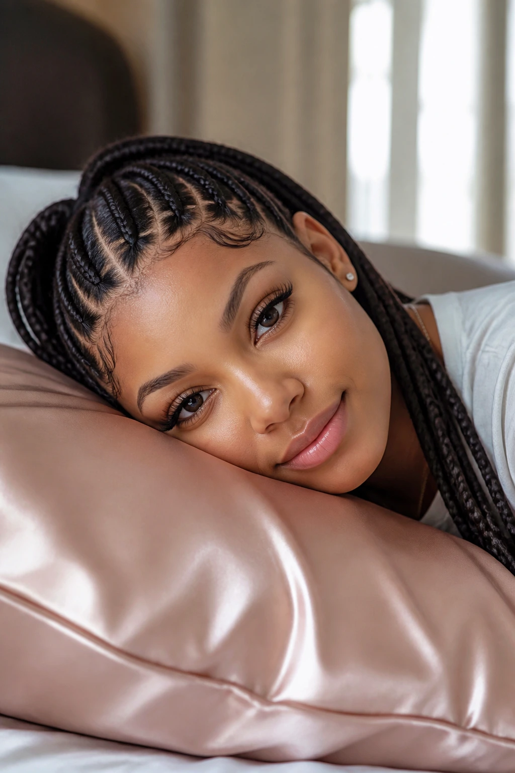 Woman with braids on satin pillow in a bedroom