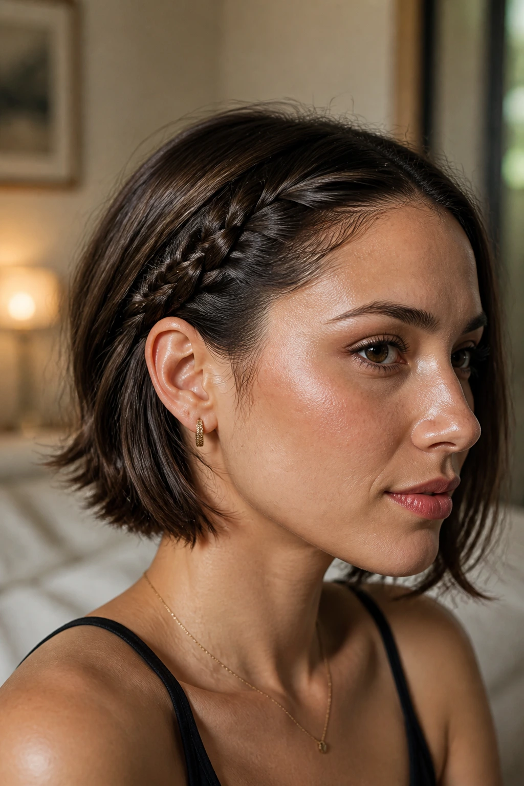 Close-up of a real woman with an over-the-ear braided sweep hairstyle