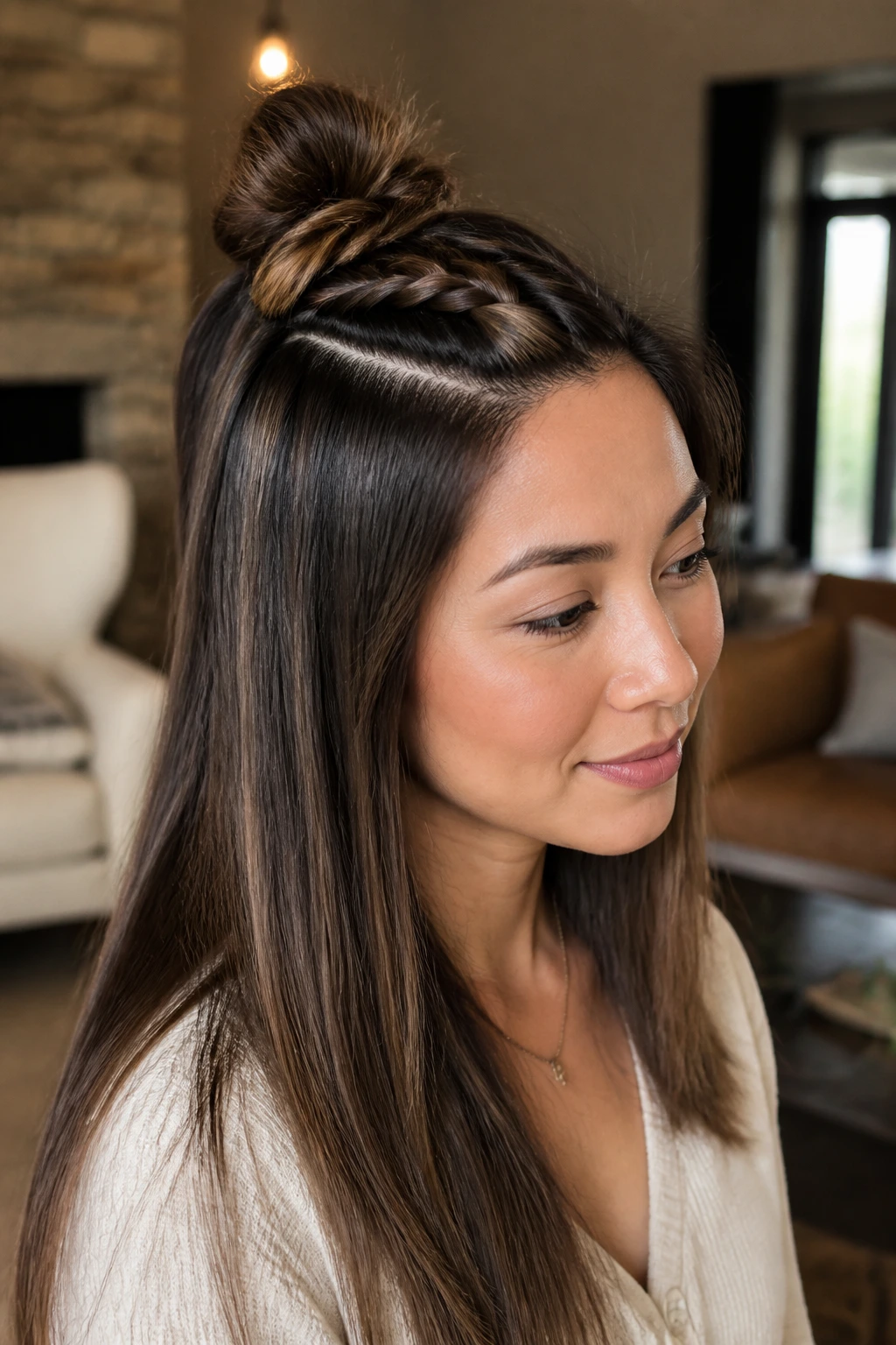 Close-up of a real woman with a braided half-bun hairstyle